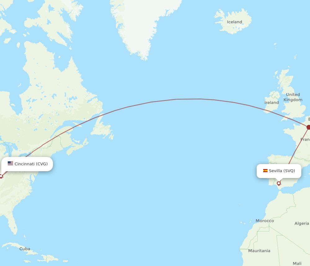 Sevilla - Cincinnati route map and flight paths