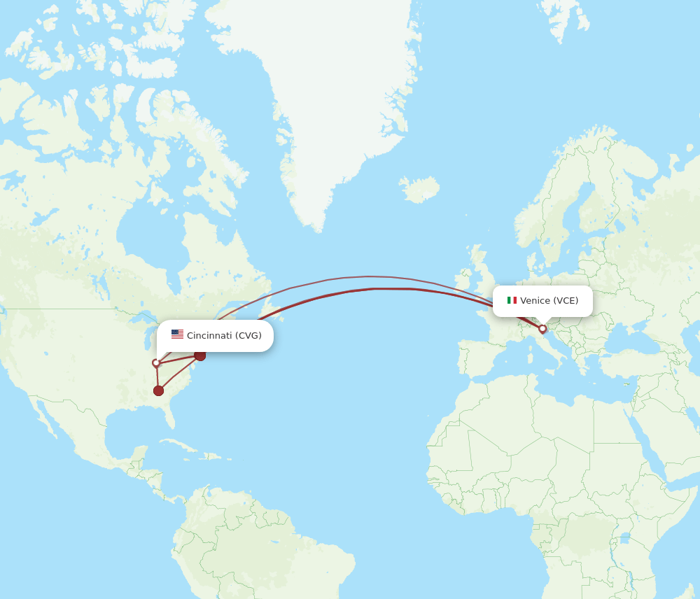 CVG to VCE flights and routes map