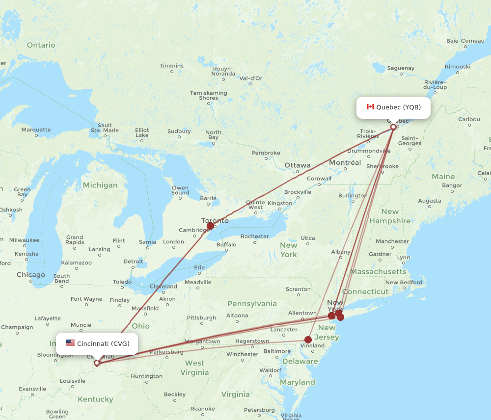 CVG to YQB flights and routes map