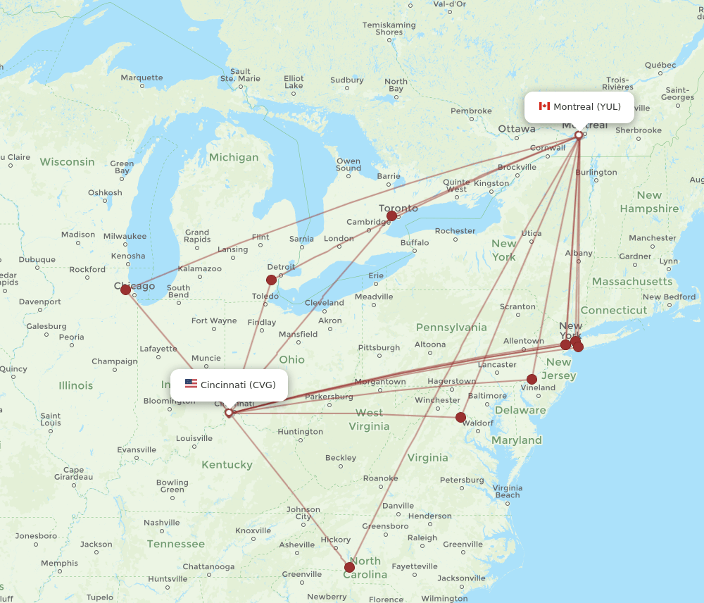CVG to YUL flights and routes map