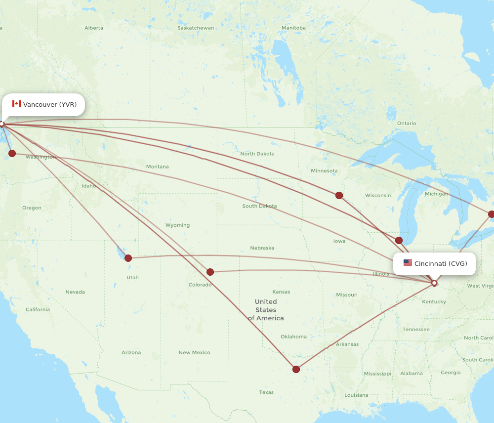Vancouver - Cincinnati route map and flight paths