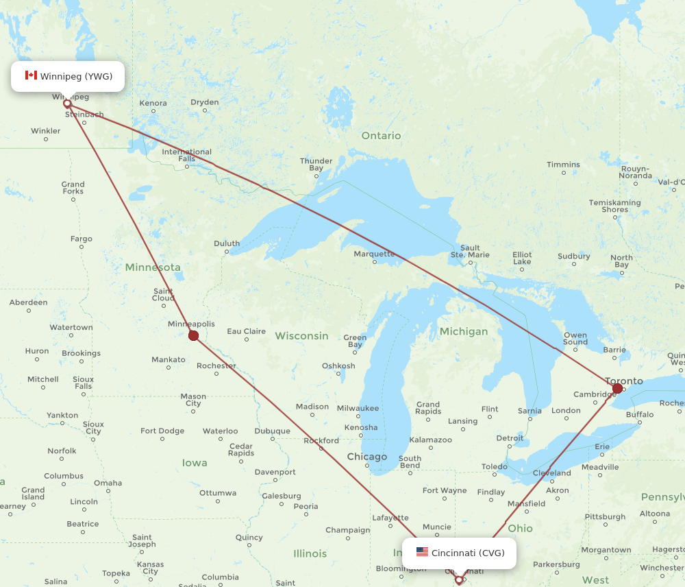 CVG-YWG flight routes