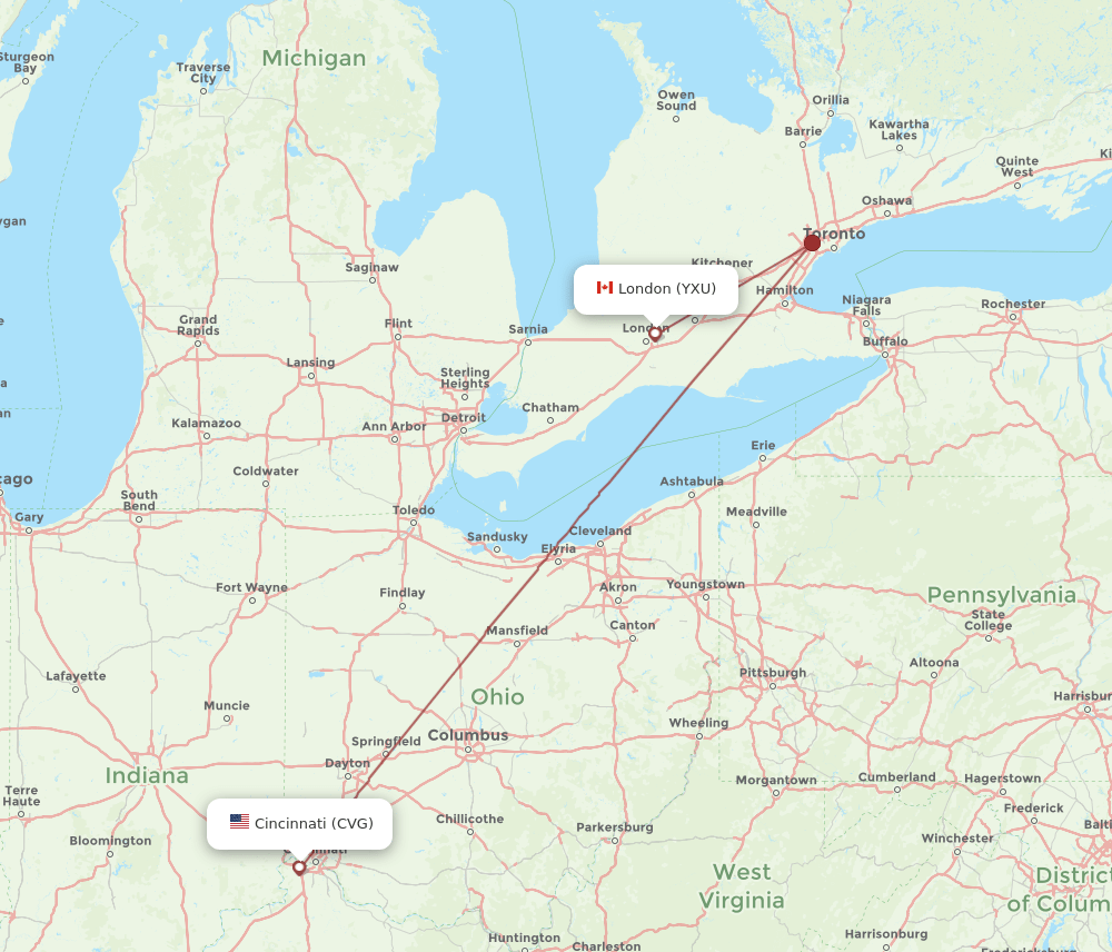 London - Cincinnati route map and flight paths