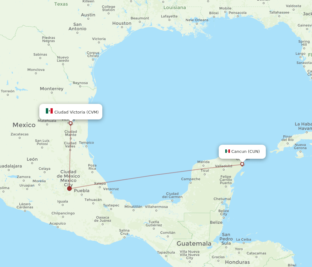 Ciudad Victoria - Cancun route map and flight paths