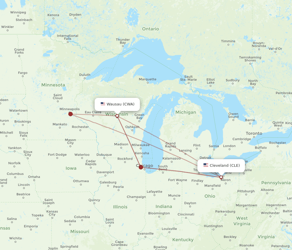 CWA-CLE flight routes