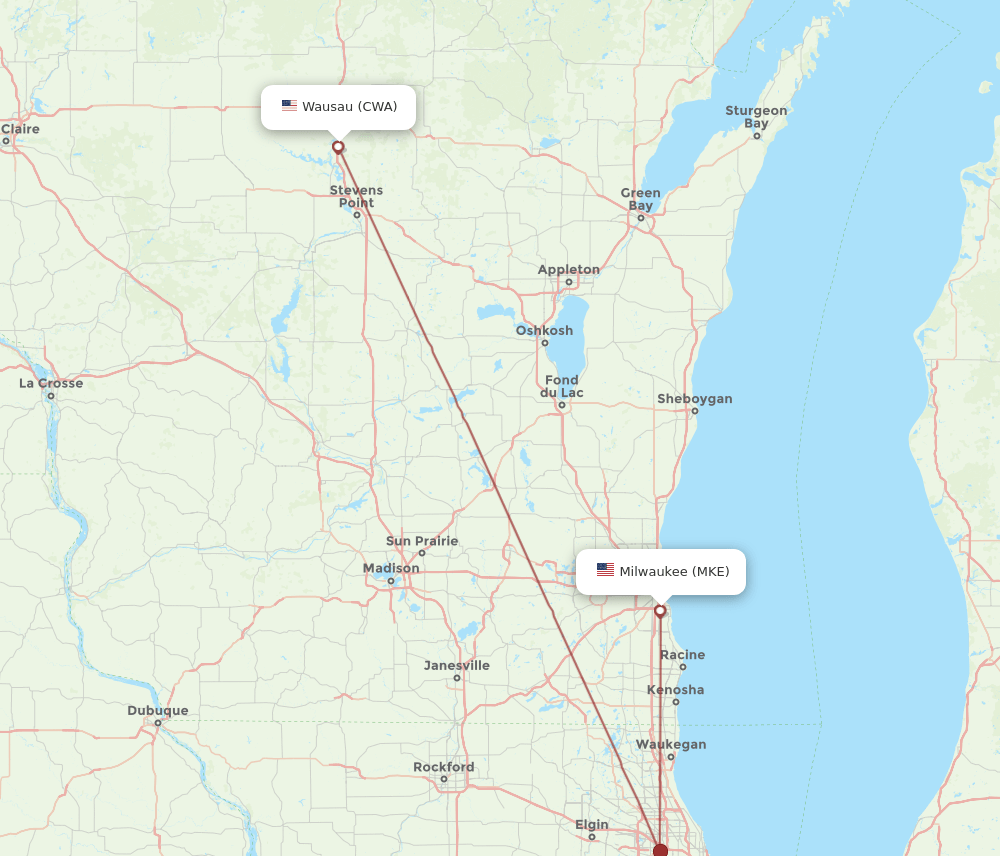 CWA to MKE flights and routes map