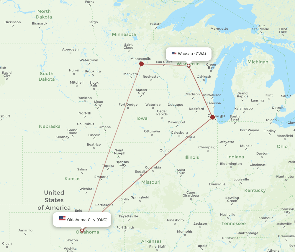 CWA-OKC flight routes