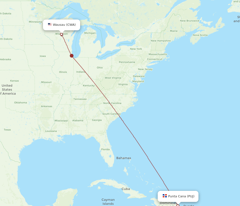 CWA to PUJ flights and routes map