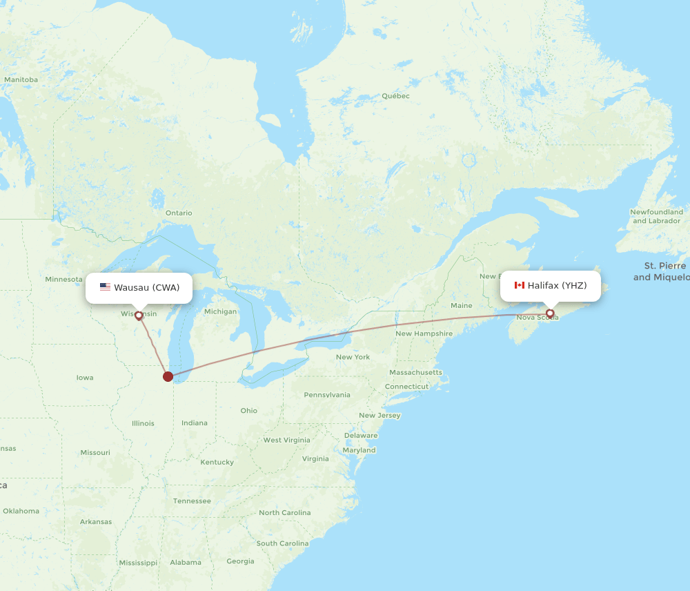 Halifax - Wausau route map and flight paths