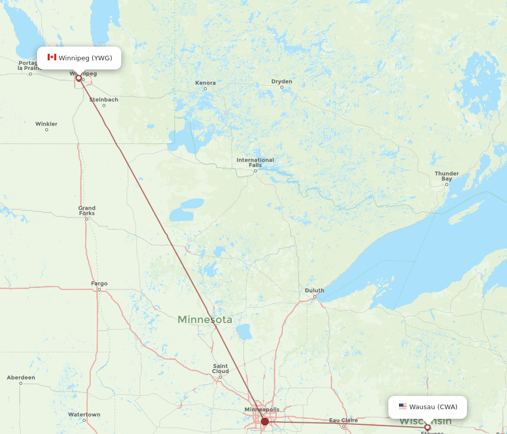 Winnipeg - Wausau route map and flight paths