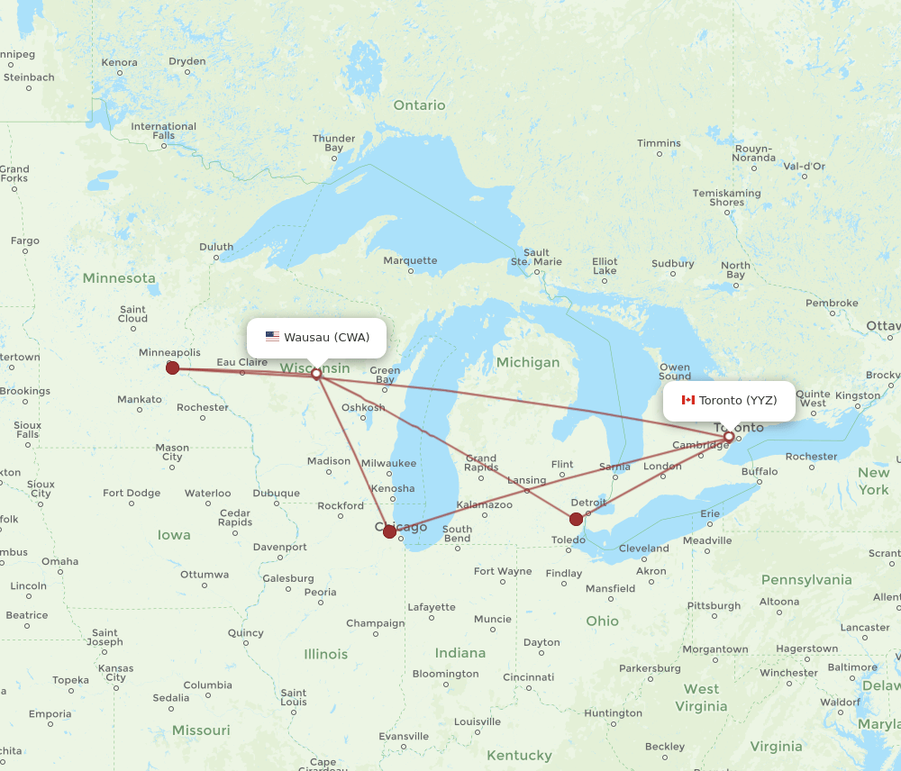 Toronto - Wausau route map and flight paths