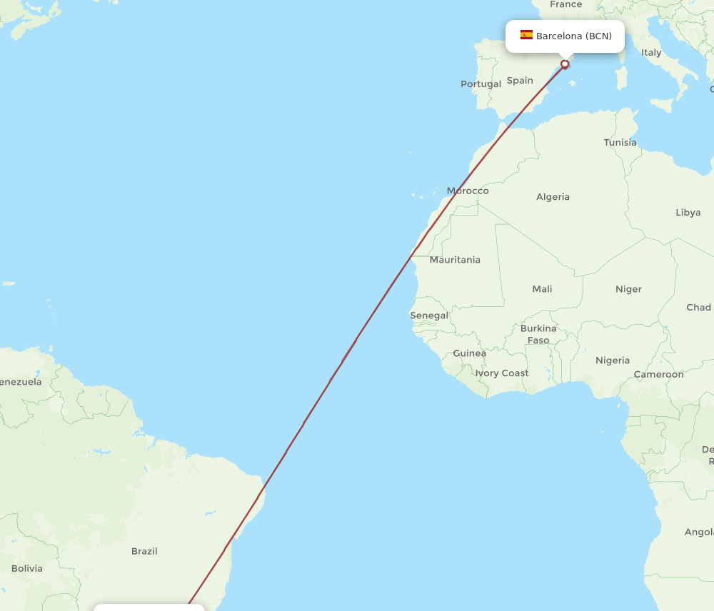 CWB to BCN flights and routes map