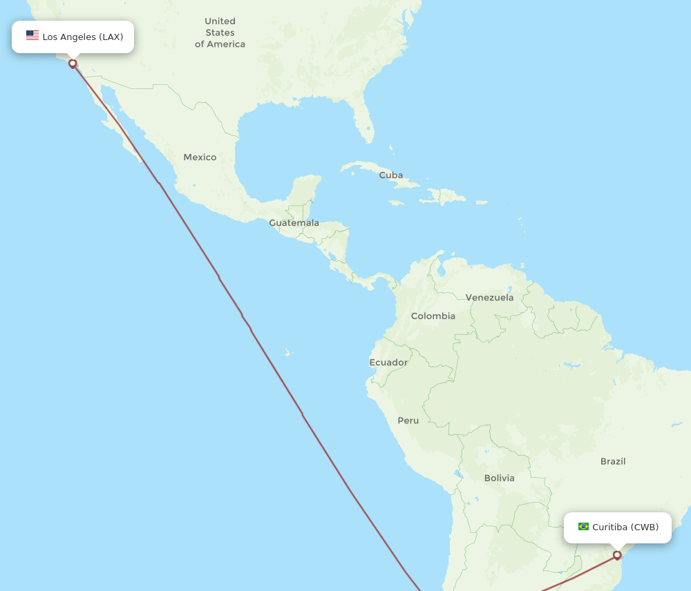 Los Angeles - Curitiba route map and flight paths