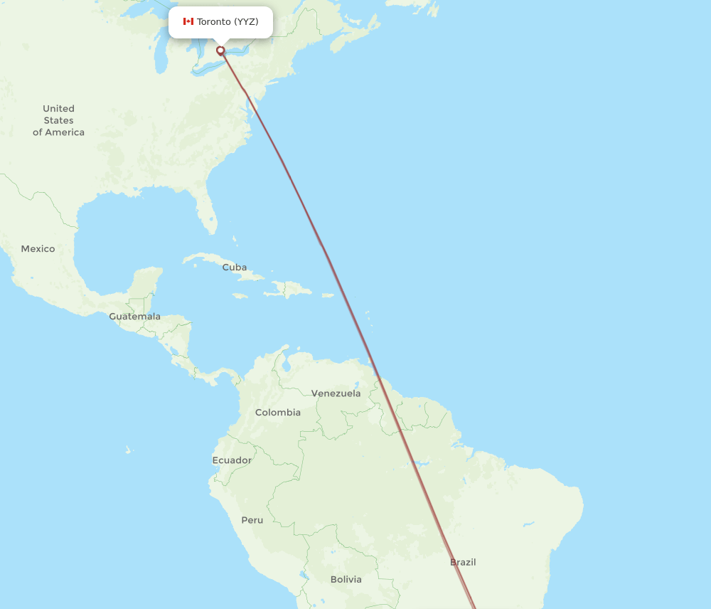 Toronto - Curitiba route map and flight paths