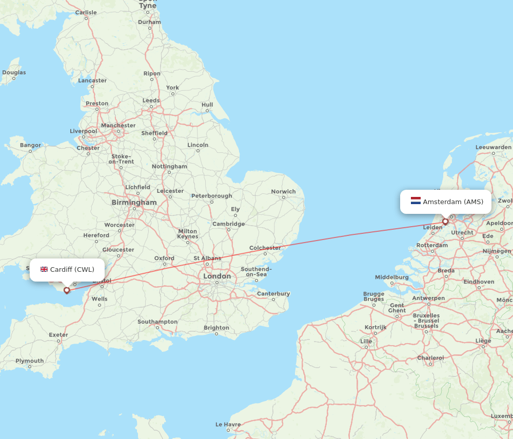 Cardiff - Amsterdam route map and flight paths