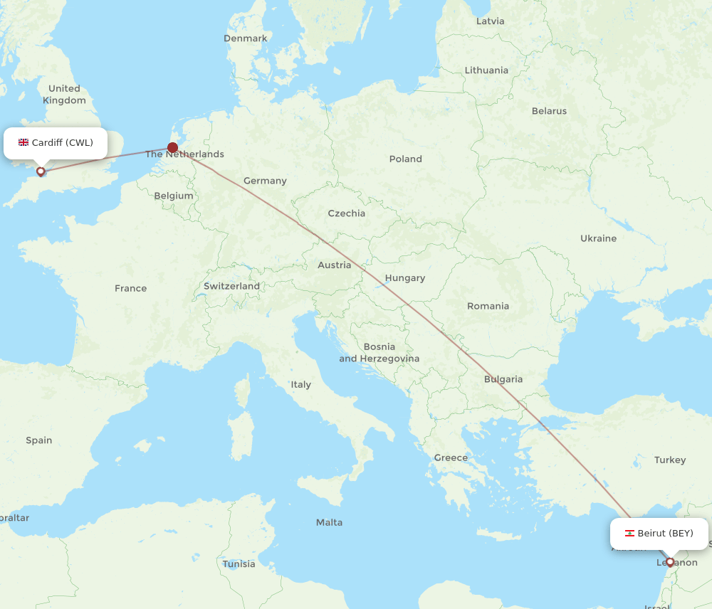 BEY to CWL flights and routes map