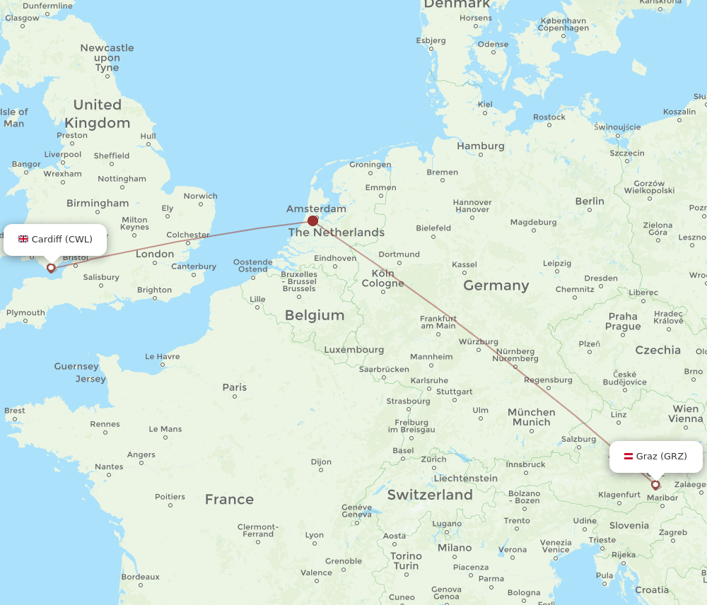 Cardiff - Graz route map and flight paths