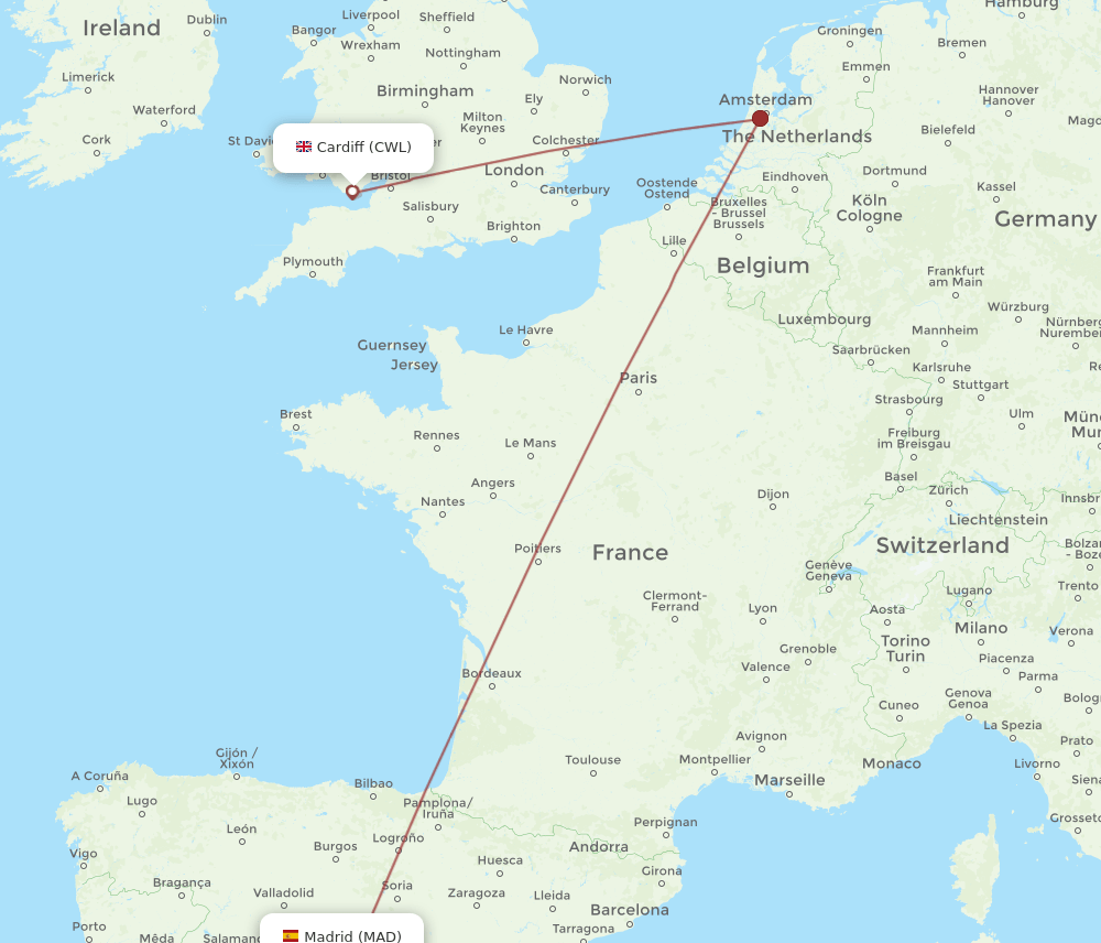 CWL-MAD flight routes