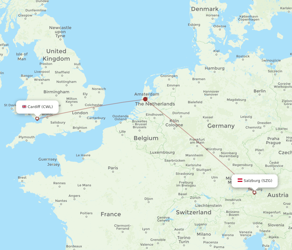 Cardiff - Salzburg route map and flight paths