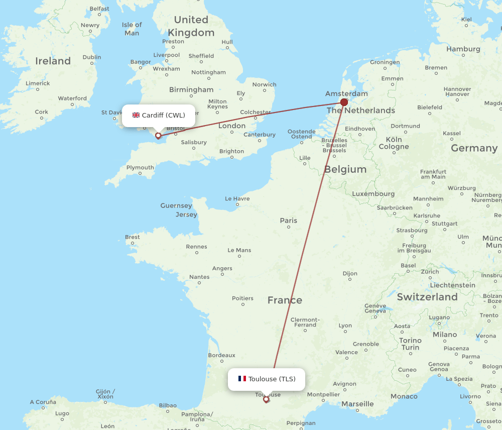 CWL to TLS flights and routes map