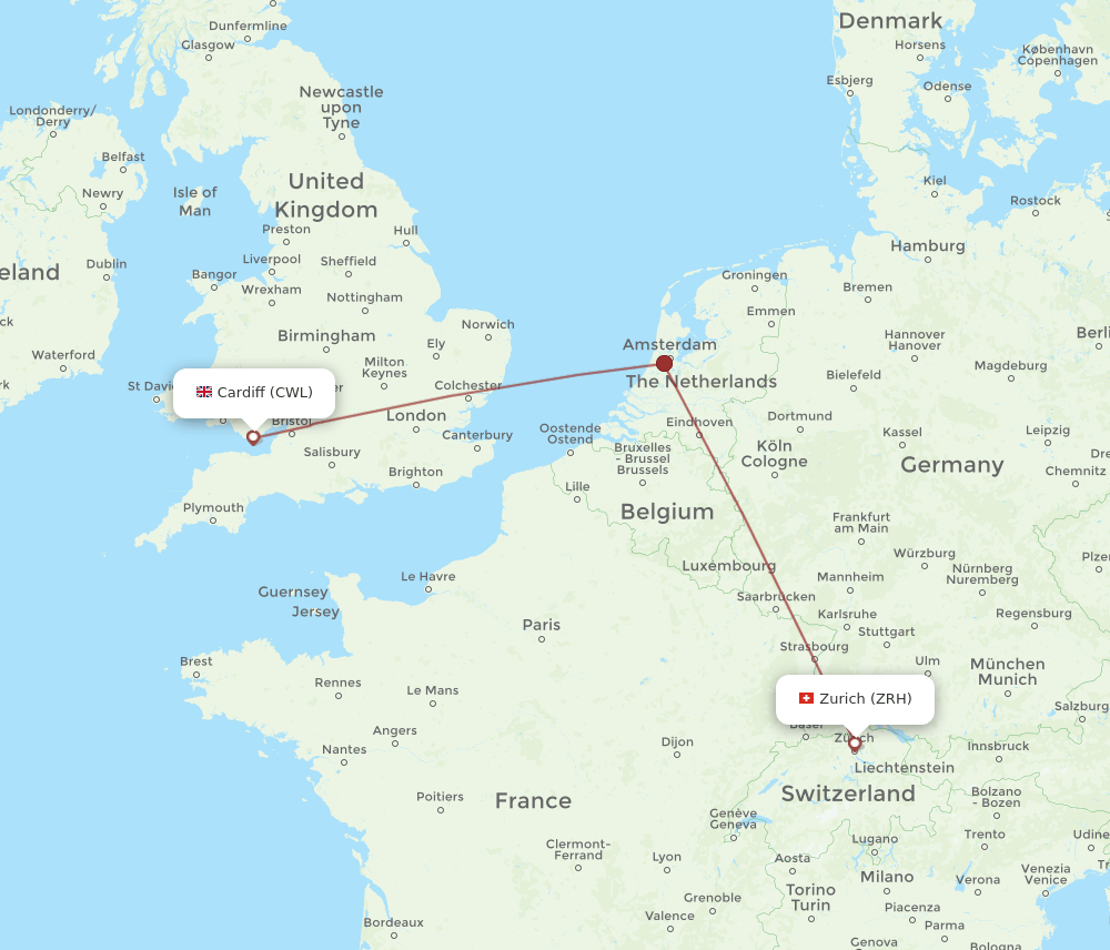 Zurich - Cardiff route map and flight paths