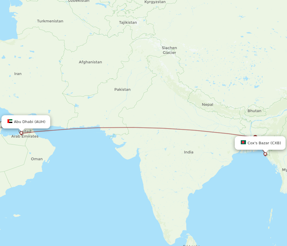 CXB to AUH flights and routes map