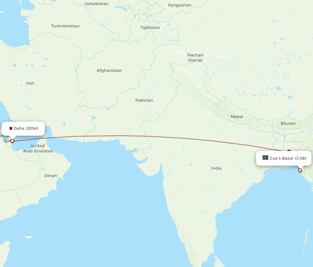 CXB to DOH flights and routes map