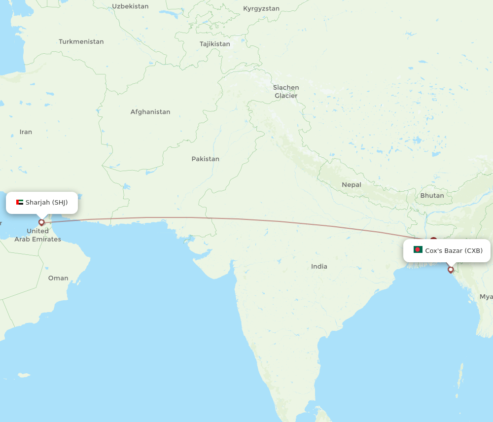 CXB to SHJ flights and routes map