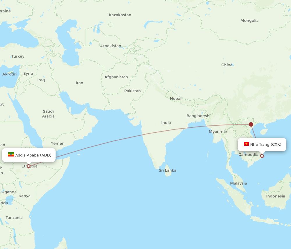 Addis Ababa - Nha Trang route map and flight paths