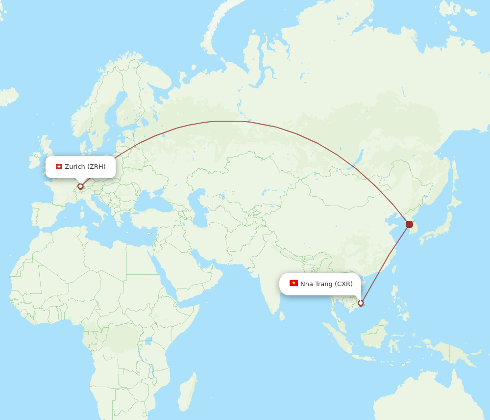 Zurich - Nha Trang route map and flight paths