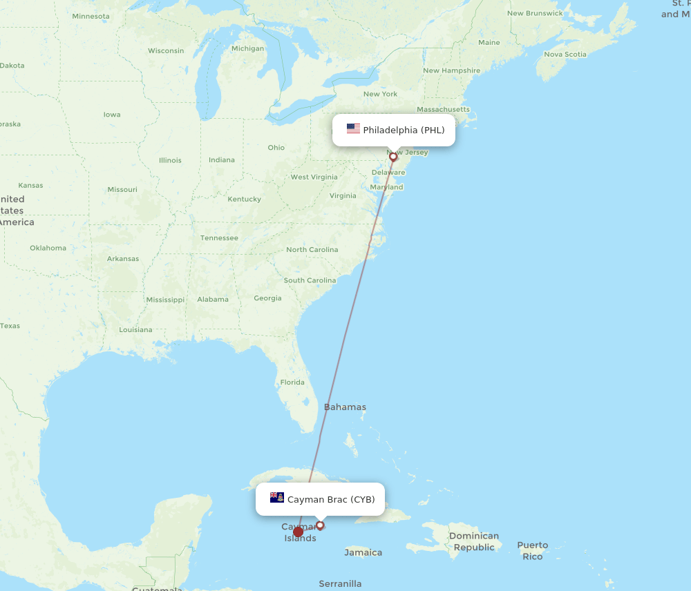 CYB to PHL flights and routes map