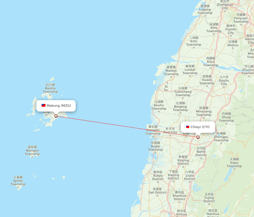 CYI to MZG flights and routes map