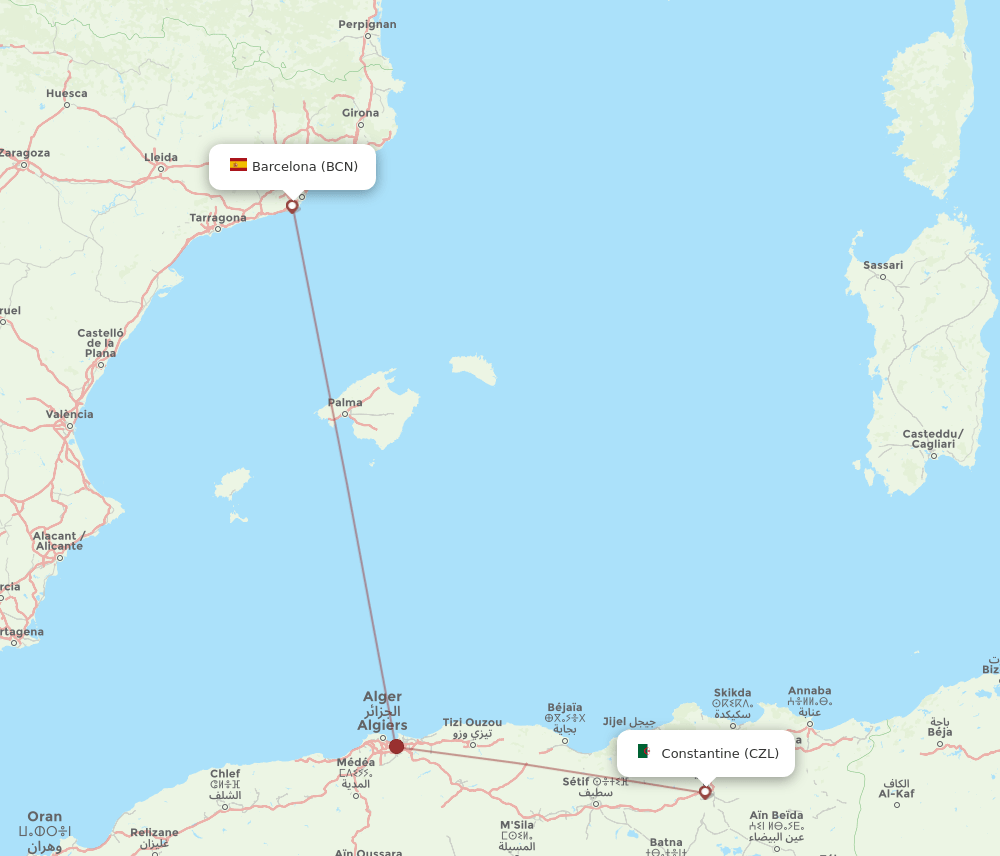 Constantine - Barcelona route map and flight paths