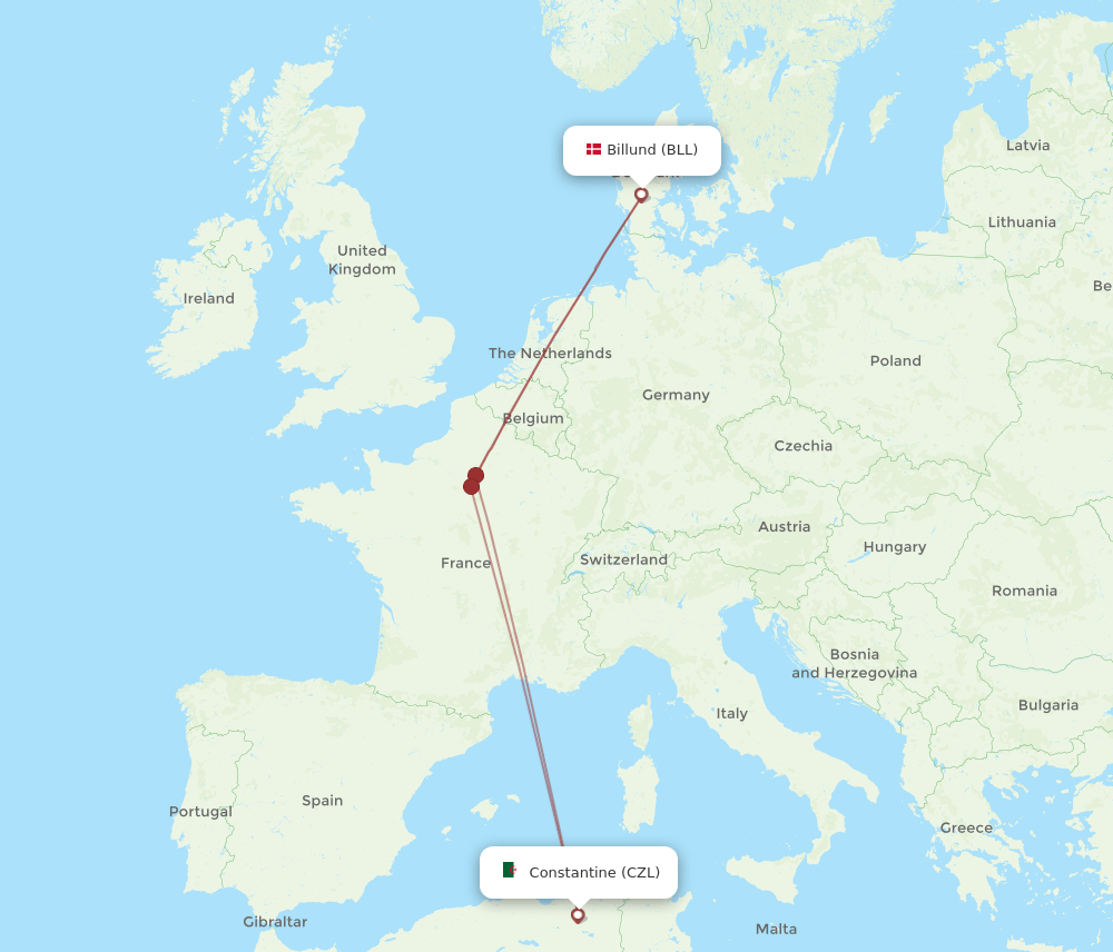 Billund - Constantine route map and flight paths