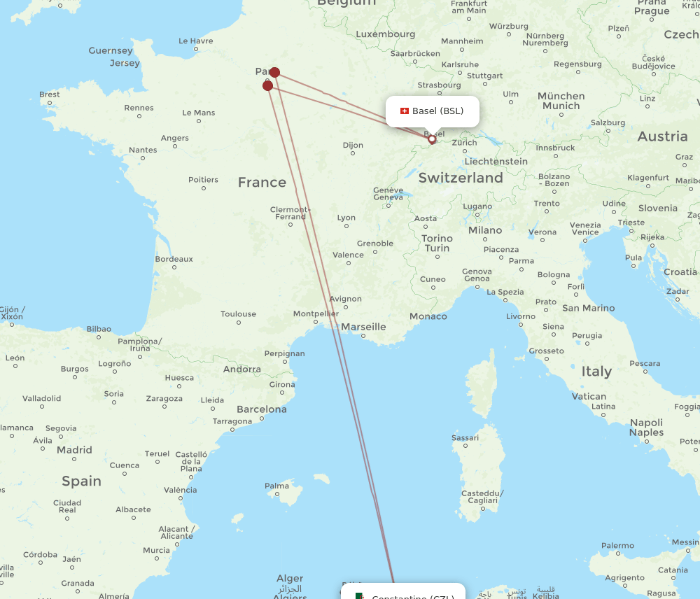 Constantine - Basel, Switzerland/Mulhouse route map and flight paths