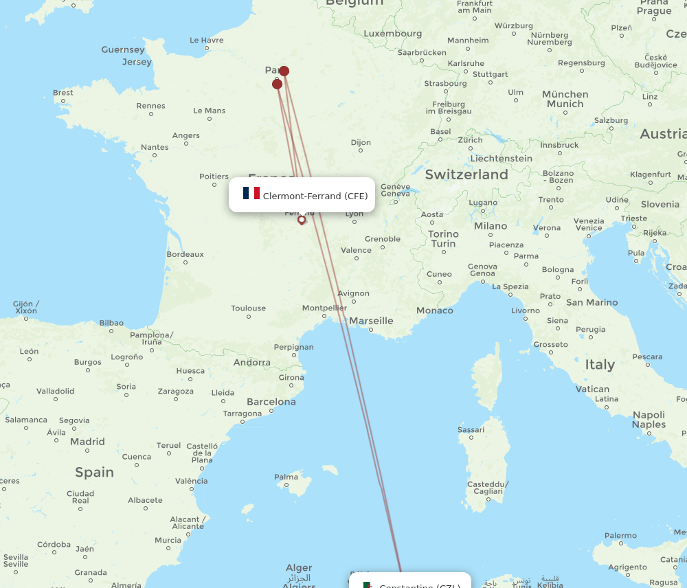 Clermont-Ferrand - Constantine route map and flight paths