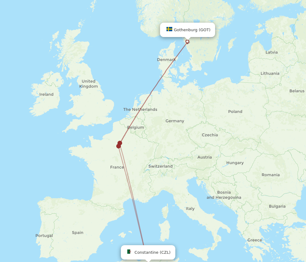 CZL to GOT flights and routes map