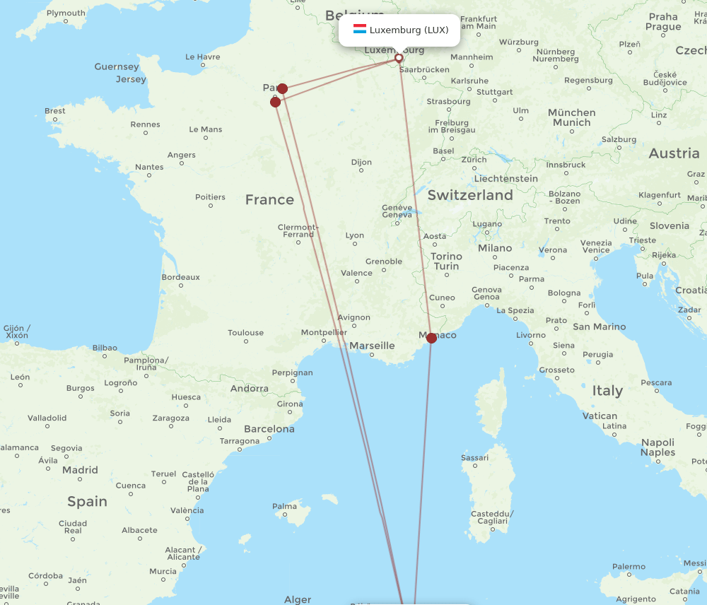 CZL to LUX flights and routes map