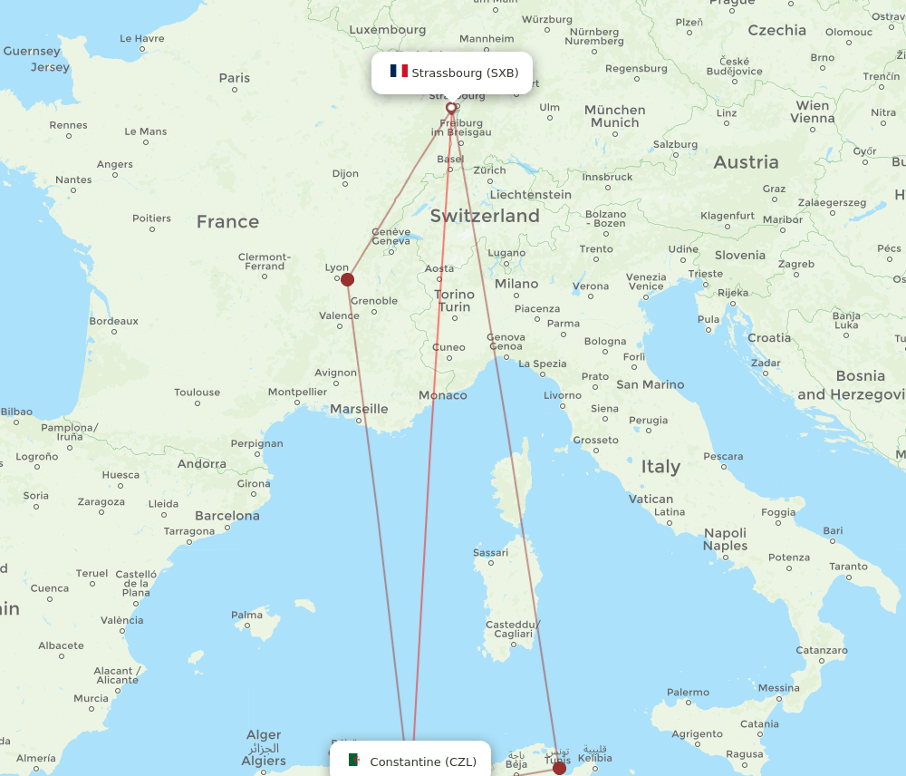 Constantine - Strasbourg route map and flight paths