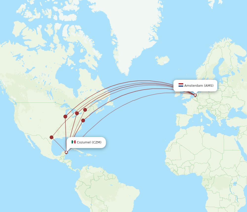 Amsterdam - Cozumel route map and flight paths