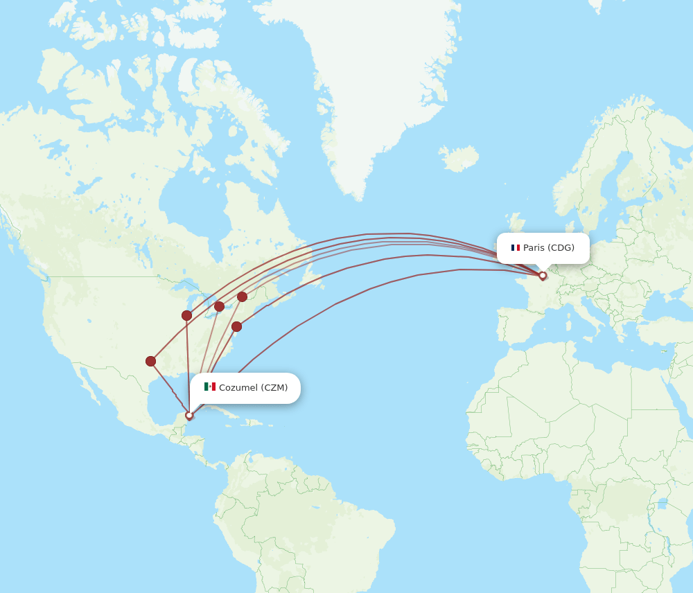 Paris - Cozumel route map and flight paths