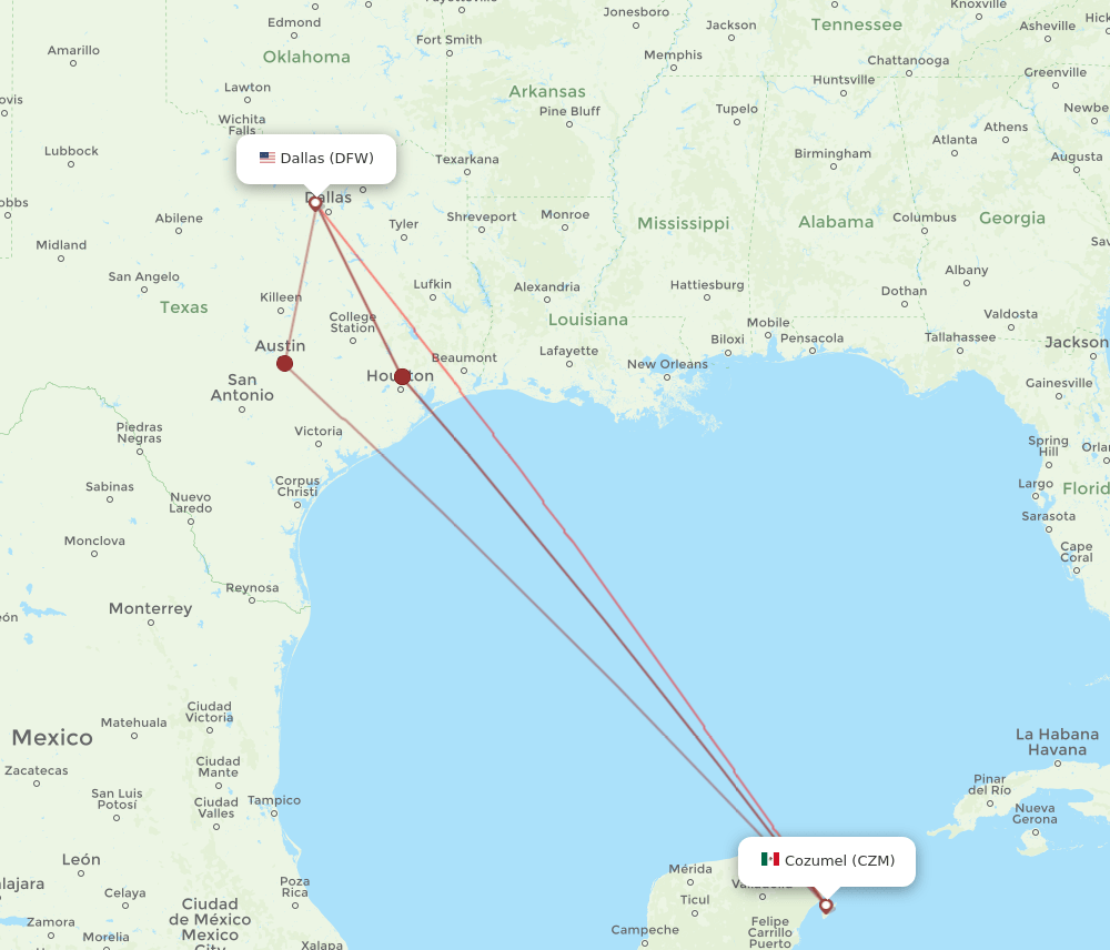 CZM-DFW flight routes
