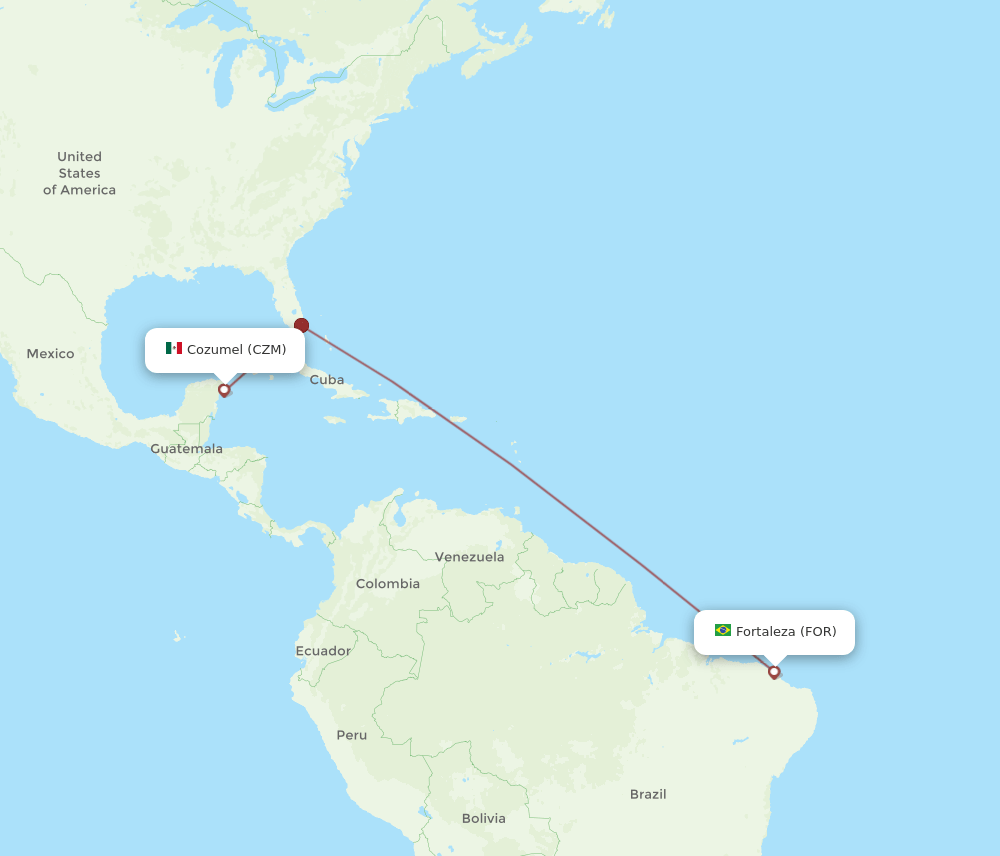 Fortaleza - Cozumel route map and flight paths
