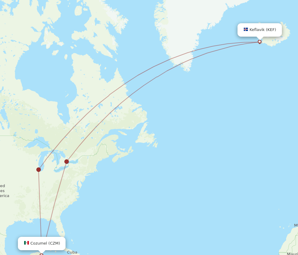 CZM-KEF flight routes