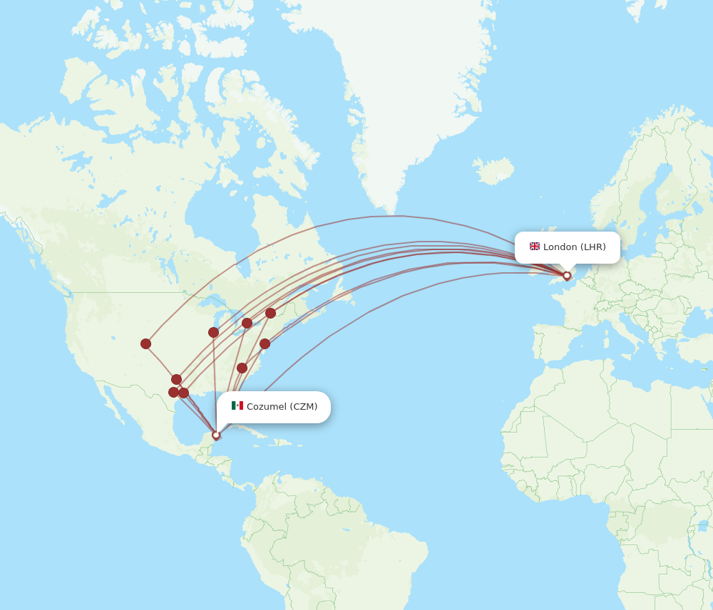 London - Cozumel route map and flight paths