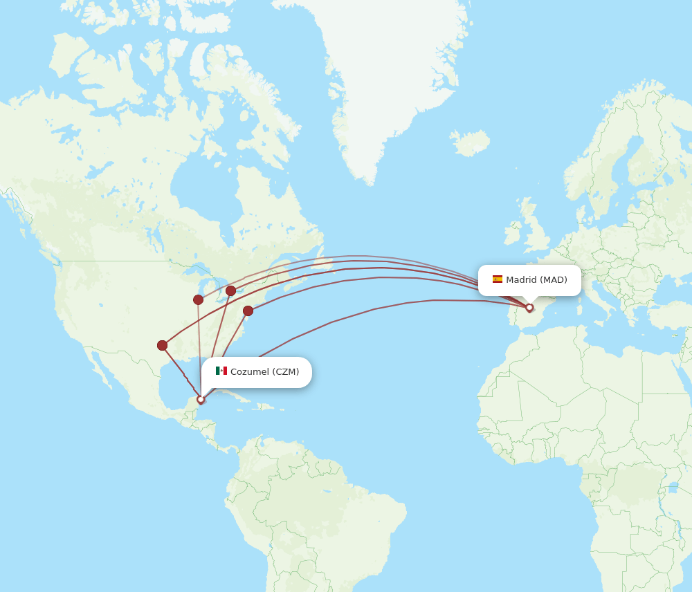 Madrid - Cozumel route map and flight paths