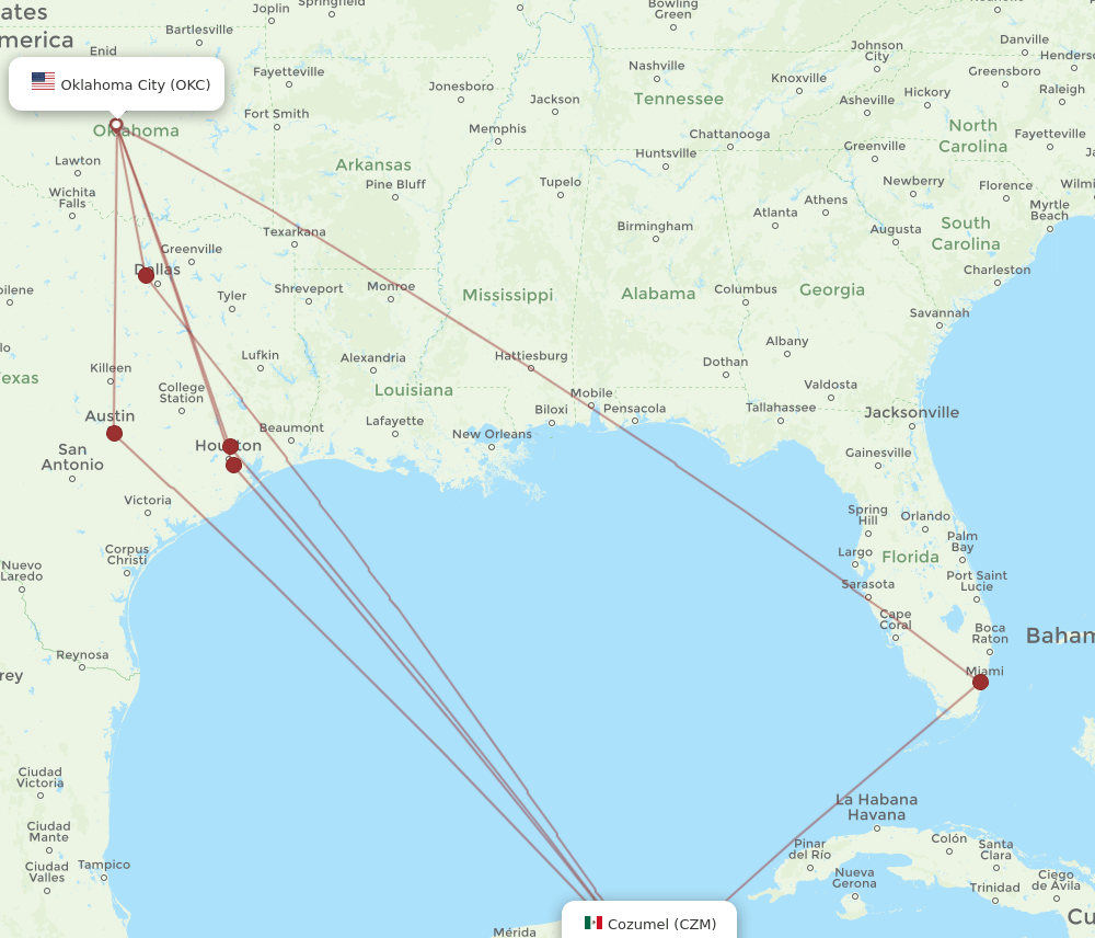 CZM to OKC flights and routes map