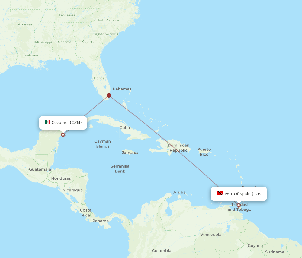 Port Of Spain - Cozumel route map and flight paths