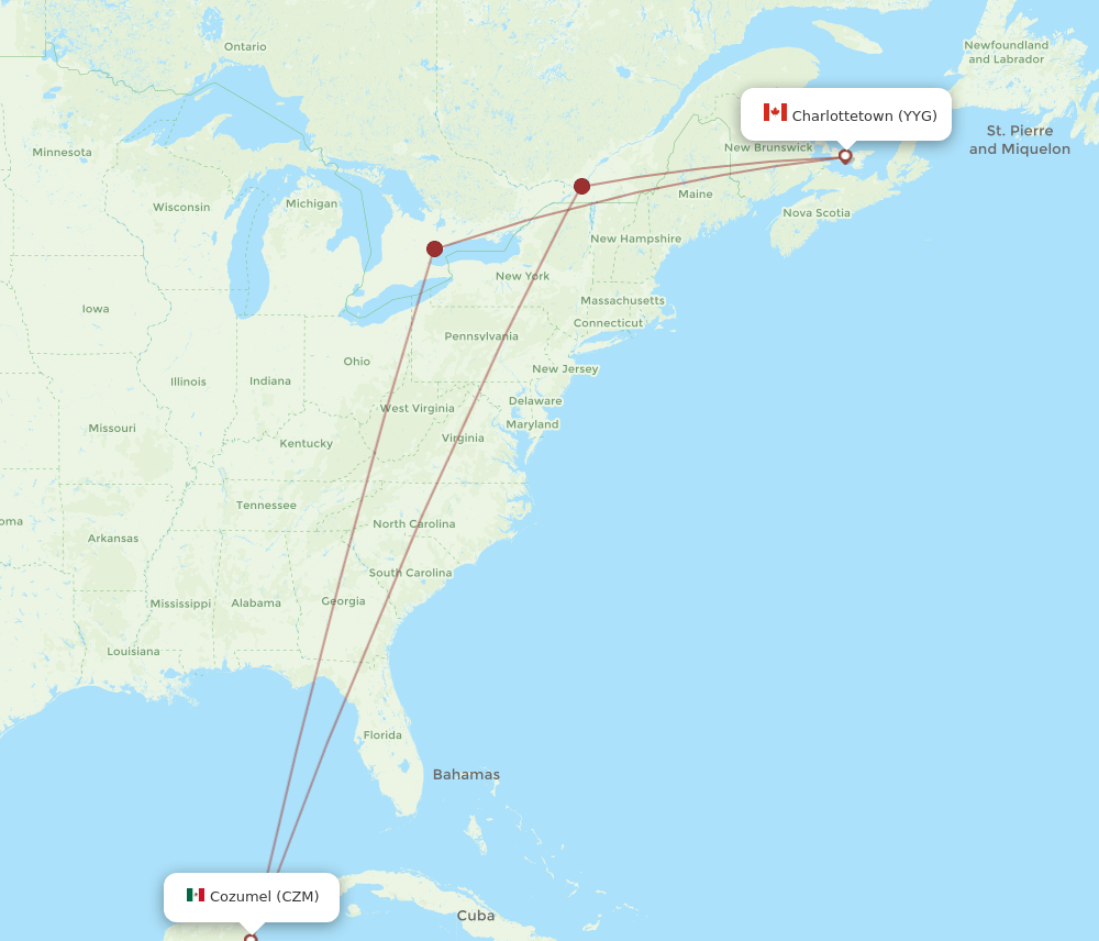 Charlottetown - Cozumel route map and flight paths