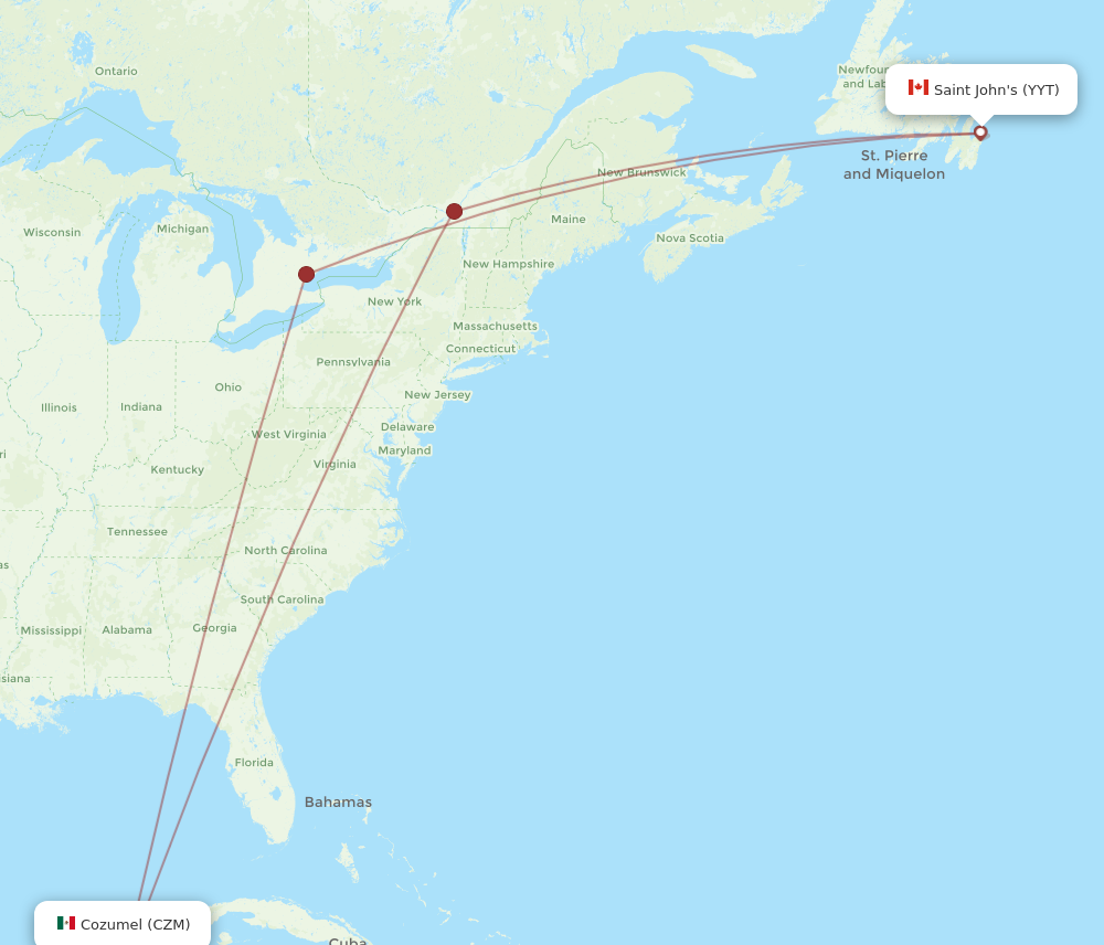 YYT to CZM flights and routes map